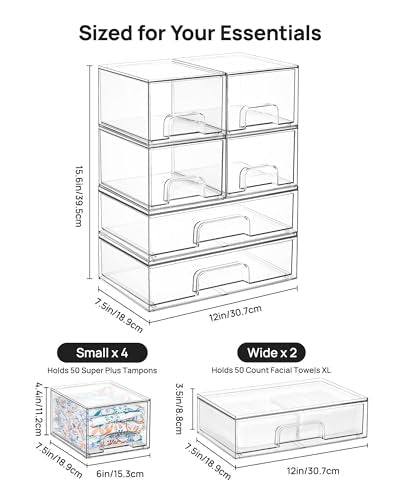 Vtopmart Stackable Storage Drawers Set of 6, Clear Plastic Organizer Bins for Bathroom Supplies, Ideal for Cabinet,Shelf, Pantry, Laundry Room Organization - My Kitchen Products