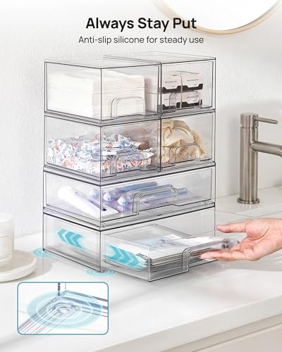 Vtopmart Stackable Storage Drawers Set of 6, Clear Plastic Organizer Bins for Bathroom Supplies, Ideal for Cabinet,Shelf, Pantry, Laundry Room Organization - My Kitchen Products