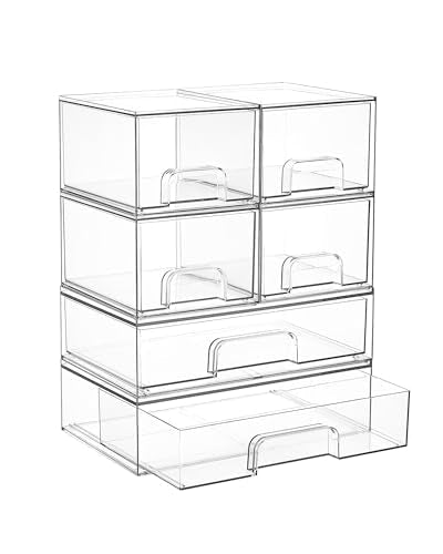 Vtopmart Stackable Storage Drawers Set of 6, Clear Plastic Organizer Bins for Bathroom Supplies, Ideal for Cabinet,Shelf