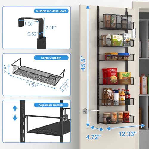 VyGrow 12.3" W Narrow Over the Door Pantry Organizer, 6-Tier Over the Door Organizer with Adjustable Basket, Pantry Door Organization for Pantry Kitchen Storage Room Spice Rack, Black - My Kitchen Products