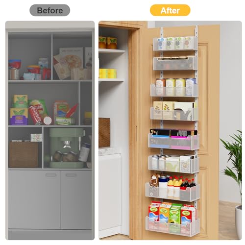 VyGrow Over the Door Organizer, 8-Tier Pantry Organizer with Fully Enclosed Mesh Baskets, Heavy-Duty Metal Hanging Spice Rack for Kitchen Bathroom Laundry Room, 2-in-1 Wall Mount or Door Mount, White - My Kitchen Products