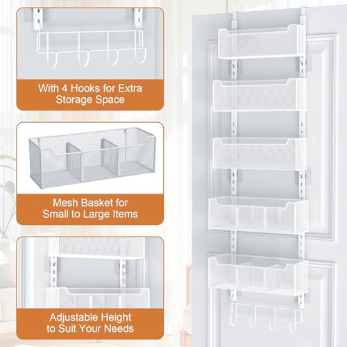 VyGrow Over The Door Organizer, Metal Door Organizer Hanging with 5 Adjustable Baskets and Coat Hook, Behind The Door Storage for Bedroom Closet Bathroom Pantry Cabinet Kitchen, White - My Kitchen Products