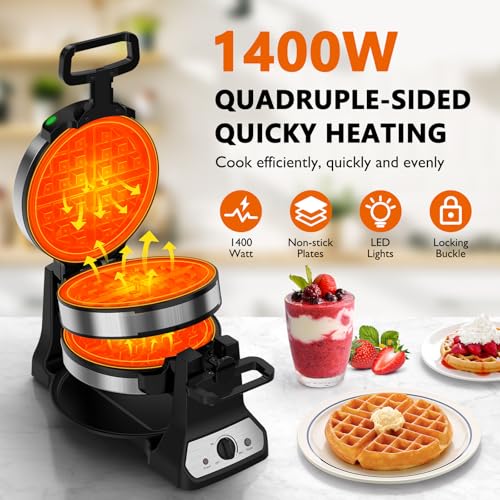 Waffle Maker, 1400W Belgian Waffle Maker, Double Waffle Iron 180° Flip, Rotating Nonstick Plates, Adjustable Browning Control, Locking Buckle & Cool Touch Handle, Removable Drip Tray, Stainless Steel - My Kitchen Products