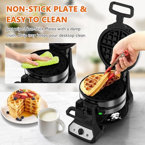 Waffle Maker, 1400W Belgian Waffle Maker, Double Waffle Iron 180° Flip, Rotating Nonstick Plates, Adjustable Browning Control, Locking Buckle & Cool Touch Handle, Removable Drip Tray, Stainless Steel - My Kitchen Products