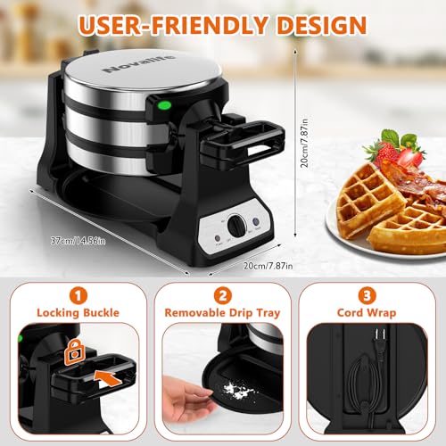 Waffle Maker, 1400W Belgian Waffle Maker, Double Waffle Iron 180° Flip, Rotating Nonstick Plates, Adjustable Browning Control, Locking Buckle & Cool Touch Handle, Removable Drip Tray, Stainless Steel - My Kitchen Products