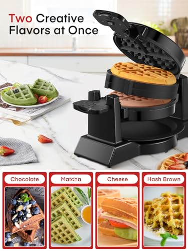 Waffle Maker, 1400W Double Belgian Waffle Iron 180° Flip, 8 Slices in 3 Mins, Rotating & Nonstick Plates, Anti-Scald, Removable Drip Tray Easy to Clean, Cool Touch Handle, Space-Saving Storage(Black) - My Kitchen Products