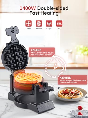 Waffle Maker, 1400W Double Belgian Waffle Iron 180° Flip, 8 Slices in 3 Mins, Rotating & Nonstick Plates, Anti-Scald, Removable Drip Tray Easy to Clean, Cool Touch Handle, Space-Saving Storage(Black) - My Kitchen Products