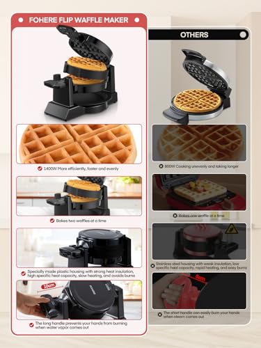 Waffle Maker, 1400W Double Belgian Waffle Iron 180° Flip, 8 Slices in 3 Mins, Rotating & Nonstick Plates, Anti-Scald, Removable Drip Tray Easy to Clean, Cool Touch Handle, Space-Saving Storage(Black) - My Kitchen Products