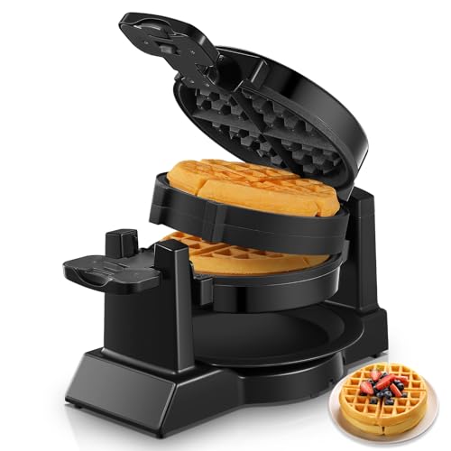 Waffle Maker, 1400W Double Belgian Waffle Iron 180° Flip, 8 Slices in 3 Mins, Rotating & Nonstick Plates, Anti-Scald, Removable Drip Tray Easy to Clean, Cool Touch Handle, Space-Saving Storage(Black) - My Kitchen Products