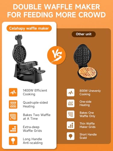 Waffle Maker, 1400W Double Belgian Waffle Iron 180° Flip, 8 Slices, Rotating & Nonstick Plates, Removable Drip Tray for Easy Cleaning, Cool Touch Handles, Space Saving Storage, Black - My Kitchen Products