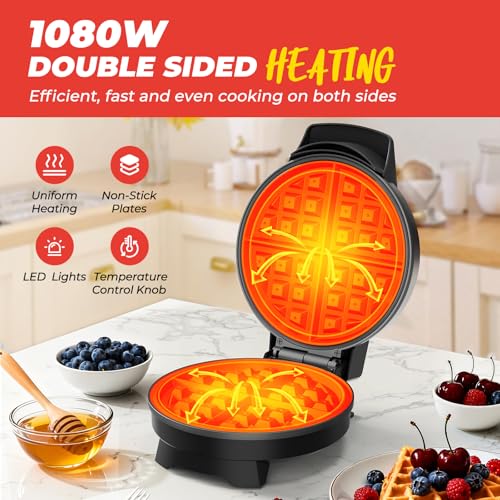 Waffle Maker, 7“ Round Classic Belgian Waffle Iron, Adjustable Browning Control, Easy-Clean Nonstick Plates & Cool Touch Handle, Space Saving Storage, Stainless Steel - My Kitchen Products