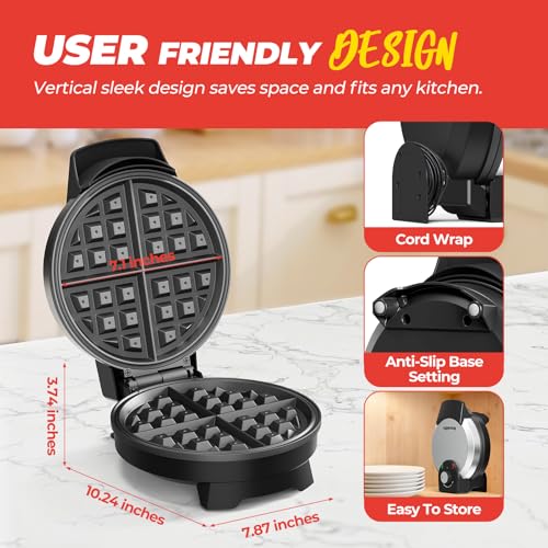 Waffle Maker, 7“ Round Classic Belgian Waffle Iron, Adjustable Browning Control, Easy-Clean Nonstick Plates & Cool Touch Handle, Space Saving Storage, Stainless Steel - My Kitchen Products