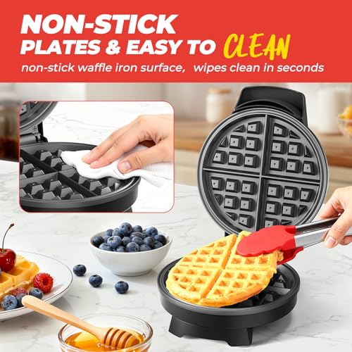 Waffle Maker, 7“ Round Classic Belgian Waffle Iron, Adjustable Browning Control, Easy-Clean Nonstick Plates & Cool Touch Handle, Space Saving Storage, Stainless Steel - My Kitchen Products
