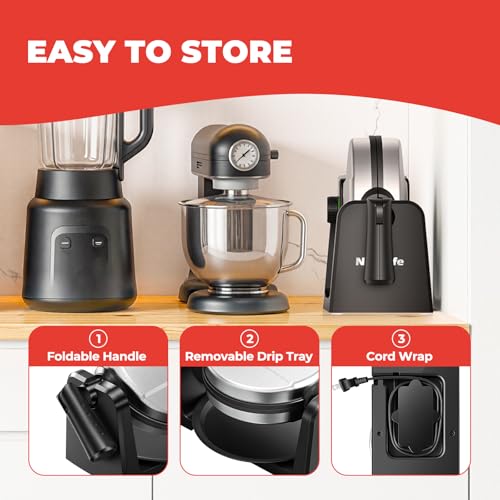 Waffle Maker, Rotating Belgian Waffle Maker, 180° Flip Waffle Iron, Non-Stick Plate, Adjustable Browning Control, Foldable Cool Touch Handle, Removable Drip Tray, Space Saving Storage, Stainless Steel - My Kitchen Products