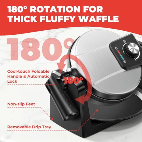 Waffle Maker, Rotating Belgian Waffle Maker, 180° Flip Waffle Iron, Non-Stick Plate, Adjustable Browning Control, Foldable Cool Touch Handle, Removable Drip Tray, Space Saving Storage, Stainless Steel - My Kitchen Products