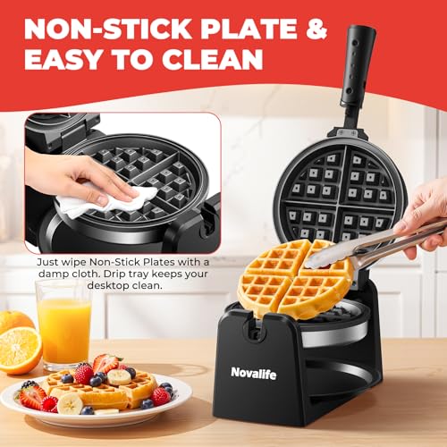 Waffle Maker, Rotating Belgian Waffle Maker, 180° Flip Waffle Iron, Non-Stick Plate, Adjustable Browning Control, Foldable Cool Touch Handle, Removable Drip Tray, Space Saving Storage, Stainless Steel - My Kitchen Products