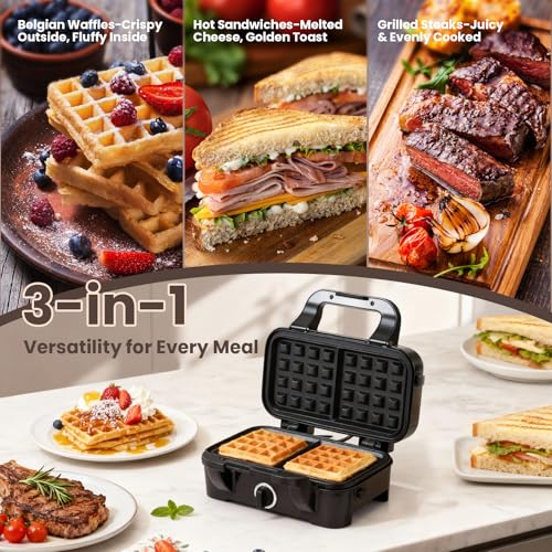Waffle Maker with Removable Plates, 3-in-1 Sandwich maker and waffle and pancake maker, Nonstick Plates, 5-Level Browning Control & Ready Indicator Lights, Easy to Clean for Family Breakfast - My Kitchen Products