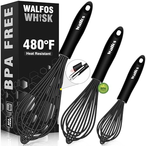 Walfos Silicone Whisk,Stainless Steel Wire Whisk Set of 3 -Heat Resistant 480°F Kitchen Whisks for Non-stick Cookware,Balloon Egg Beater Perfect for Blending,Whisking,Beating,Frothing & Stirring,Black - My Kitchen Products