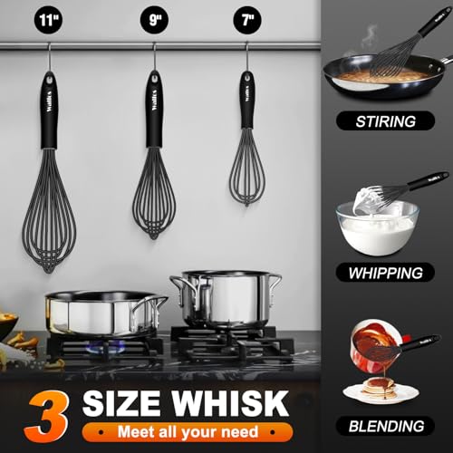 Walfos Silicone Whisk,Stainless Steel Wire Whisk Set of 3 -Heat Resistant 480°F Kitchen Whisks for Non-stick Cookware,Balloon Egg Beater Perfect for Blending,Whisking,Beating,Frothing & Stirring,Black - My Kitchen Products