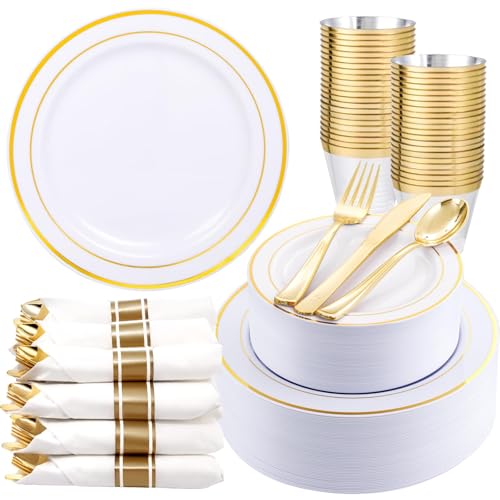 WDF Partyware 350Piece Gold Dinnerware Set for 50 Guests - Gold Plastic Plates with Disposable Cutlery - 50Dinner Plates-50Dessert Plates-50Pre Rolled Napkins with Silverware for Wedding/Birthday - My Kitchen Products