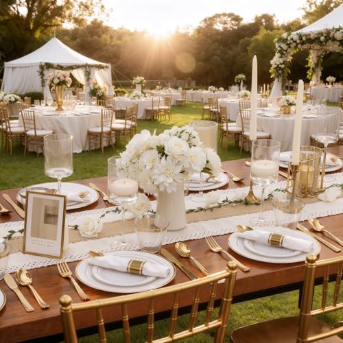 WDF Partyware 350Piece Gold Dinnerware Set for 50 Guests - Gold Plastic Plates with Disposable Cutlery - 50Dinner Plates-50Dessert Plates-50Pre Rolled Napkins with Silverware for Wedding/Birthday - My Kitchen Products
