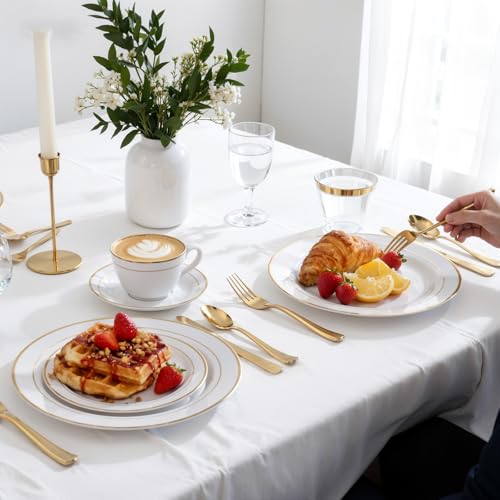 WDF Partyware 350Piece Gold Dinnerware Set for 50 Guests - Gold Plastic Plates with Disposable Cutlery - 50Dinner Plates-50Dessert Plates-50Pre Rolled Napkins with Silverware for Wedding/Birthday - My Kitchen Products