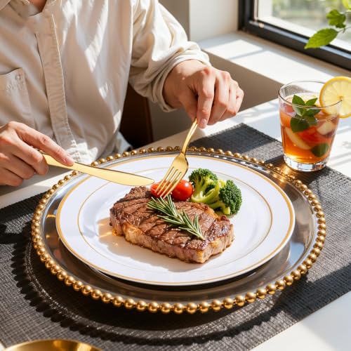 WDF Partyware 350Piece Gold Dinnerware Set for 50 Guests - Gold Plastic Plates with Disposable Cutlery - 50Dinner Plates-50Dessert Plates-50Pre Rolled Napkins with Silverware for Wedding/Birthday - My Kitchen Products