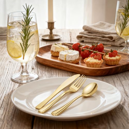 WDF300 Pieces Gold Plastic Silverware - Heavy Duty Disposable Cutlery Set Plastic Gold Silverware Set Includes 100 Forks, 100 Spoons, 100 Knives for Party Baby Shower Wedding Spring - My Kitchen Products