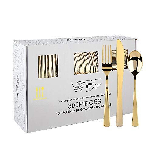 WDF300 Pieces Gold Plastic Silverware - Heavy Duty Disposable Cutlery Set Plastic Gold Silverware Set Includes 100 Forks, 100 Spoons, 100 Knives for Party Baby Shower Wedding Spring - My Kitchen Products