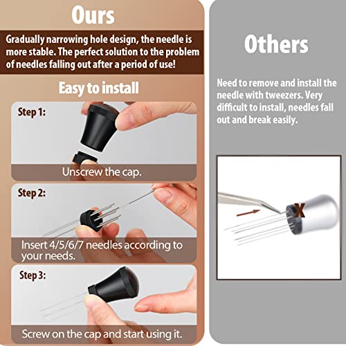 WDT Espresso Distribution Tool Espresso Stirrer Tools for Barista, 0.35mm 7 Needles Espresso Coffee Stirrer with Extra 7 Replaceable Needles, Aluminum Alloy Handle with Stand (Black) - My Kitchen Products