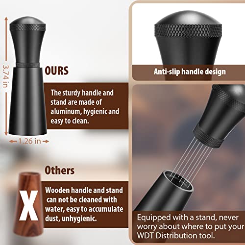WDT Espresso Distribution Tool Espresso Stirrer Tools for Barista, 0.35mm 7 Needles Espresso Coffee Stirrer with Extra 7 Replaceable Needles, Aluminum Alloy Handle with Stand (Black) - My Kitchen Products
