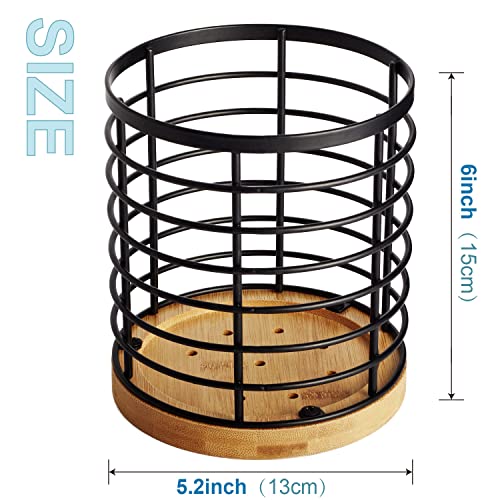 WDT Tool Utensil holder for Kitchen Counter - 5.2" x 5.2" x 6" Large Round with Wooden Base Matte Black Cooking Utensil Holder Utensil Organizer (Metal+Bamboo) - My Kitchen Products