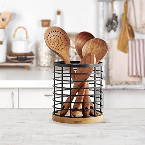 WDT Tool Utensil holder for Kitchen Counter - 5.2" x 5.2" x 6" Large Round with Wooden Base Matte Black Cooking Utensil Holder Utensil Organizer (Metal+Bamboo) - My Kitchen Products
