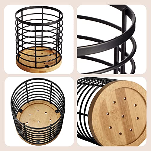 WDT Tool Utensil holder for Kitchen Counter - 5.2" x 5.2" x 6" Large Round with Wooden Base Matte Black Cooking Utensil Holder Utensil Organizer (Metal+Bamboo) - My Kitchen Products