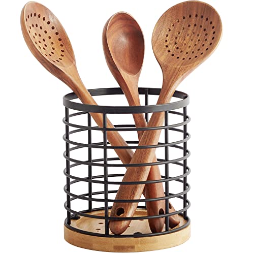 WDT Tool Utensil holder for Kitchen Counter - 5.2" x 5.2" x 6" Large Round with Wooden Base Matte Black Cooking Utensil