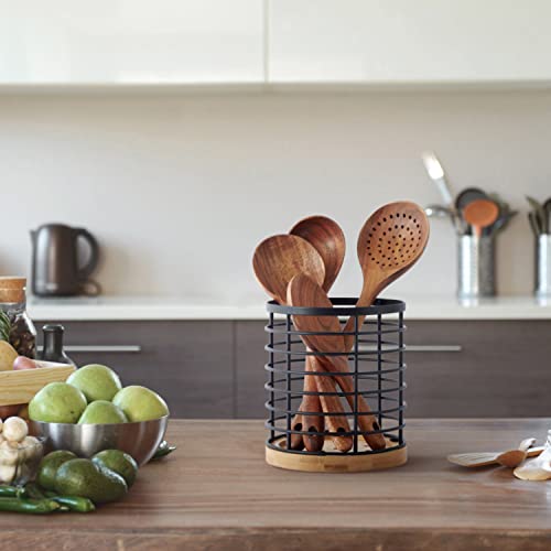 WDT Tool Utensil holder for Kitchen Counter - 5.2" x 5.2" x 6" Large Round with Wooden Base Matte Black Cooking Utensil Holder Utensil Organizer (Metal+Bamboo) - My Kitchen Products