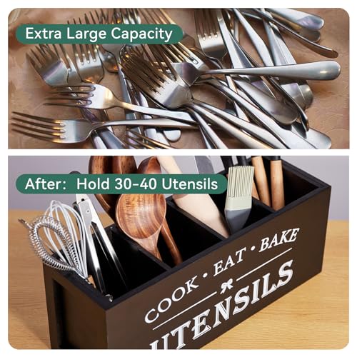 WDT Tool Utensil holder for Kitchen Counter Large Round Utensils Holder with Wooden Base Matte Black Cooking Utensil Holder，Kitchen countertop Utensil Organize (Black-4 Compartments) - My Kitchen Products
