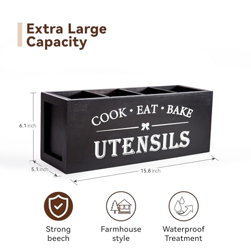 WDT Tool Utensil holder for Kitchen Counter Large Round Utensils Holder with Wooden Base Matte Black Cooking Utensil Holder，Kitchen countertop Utensil Organize (Black-4 Compartments) - My Kitchen Products