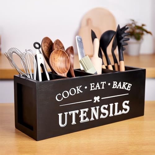 WDT Tool Utensil holder for Kitchen Counter Large Round Utensils Holder with Wooden Base Matte Black Cooking Utensil