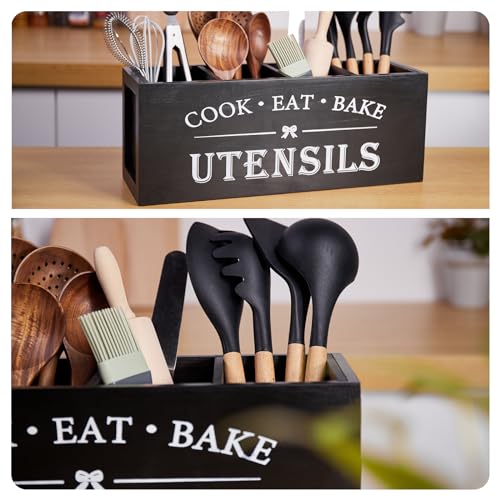 WDT Tool Utensil holder for Kitchen Counter Large Round Utensils Holder with Wooden Base Matte Black Cooking Utensil Holder，Kitchen countertop Utensil Organize (Black-4 Compartments) - My Kitchen Products