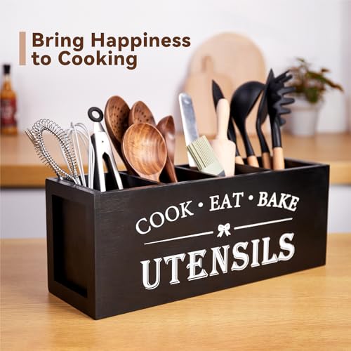 WDT Tool Utensil holder for Kitchen Counter Large Round Utensils Holder with Wooden Base Matte Black Cooking Utensil Holder，Kitchen countertop Utensil Organize (Black-4 Compartments) - My Kitchen Products