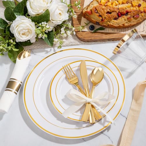 WELLIFE 350-Piece Gold Disposable Plates and Cutlery Set - Premium 10.25" Dinner Plates, 7.5" Dessert Plates, 9oz Cups & Cutlery for Weddings, Catering Events - 50 Guest Service - Elegant & Sturdy - My Kitchen Products