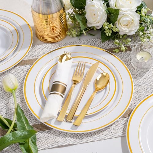 WELLIFE 350-Piece Gold Disposable Plates and Cutlery Set - Premium 10.25" Dinner Plates, 7.5" Dessert Plates, 9oz Cups & Cutlery for Weddings, Catering Events - 50 Guest Service - Elegant & Sturdy - My Kitchen Products