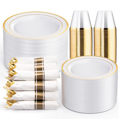 WELLIFE 350-Piece Gold Disposable Plates and Cutlery Set - Premium 10.25" Dinner Plates, 7.5" Dessert Plates, 9oz Cups & Cutlery for Weddings, Catering Events - 50 Guest Service - Elegant & Sturdy - My Kitchen Products