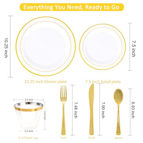 WELLIFE 350-Piece Gold Disposable Plates and Cutlery Set - Premium 10.25" Dinner Plates, 7.5" Dessert Plates, 9oz Cups & Cutlery for Weddings, Catering Events - 50 Guest Service - Elegant & Sturdy - My Kitchen Products