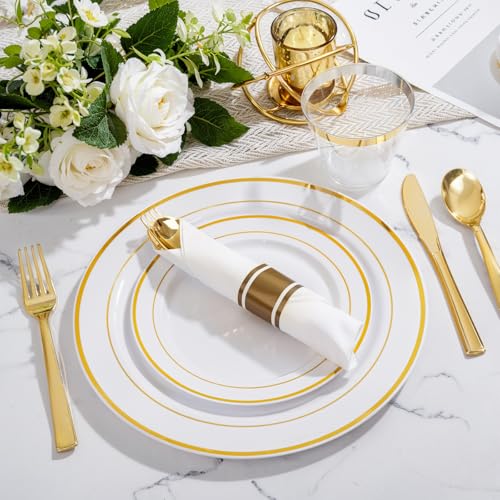WELLIFE 350-Piece Gold Disposable Plates and Cutlery Set - Premium 10.25" Dinner Plates, 7.5" Dessert Plates, 9oz Cups & Cutlery for Weddings, Catering Events - 50 Guest Service - Elegant & Sturdy - My Kitchen Products