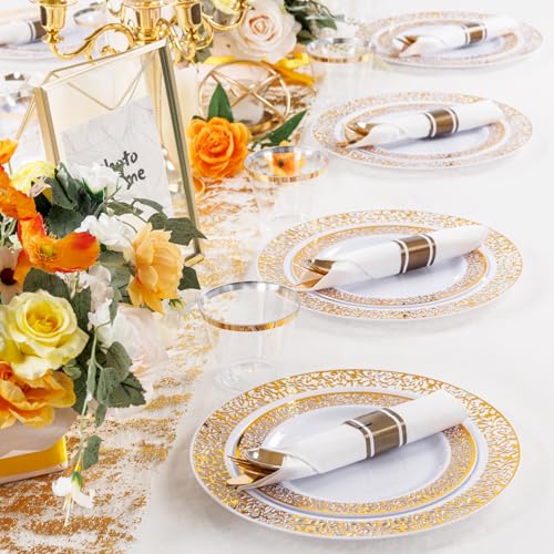 WELLIFE 50 Guests Dinnerware Sets, Gold Plastic Plates，Platos Para Fiestas Elegantes Desechables Include:50 Dinner Plates, 50 Dessert Plate, 150 Pcs Gold Plastic Silverware, 50 Cups for Party - My Kitchen Products