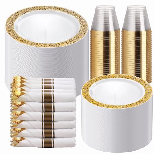 WELLIFE 50 Guests Dinnerware Sets, Gold Plastic Plates，Platos Para Fiestas Elegantes Desechables Include:50 Dinner Plates, 50 Dessert Plate, 150 Pcs Gold Plastic Silverware, 50 Cups for Party - My Kitchen Products