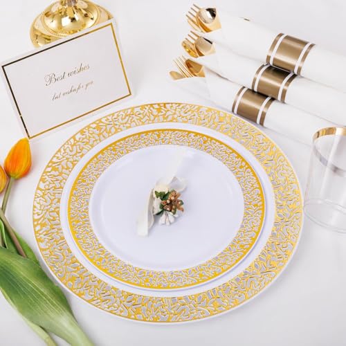 WELLIFE 50 Guests Dinnerware Sets, Gold Plastic Plates，Platos Para Fiestas Elegantes Desechables Include:50 Dinner Plates, 50 Dessert Plate, 150 Pcs Gold Plastic Silverware, 50 Cups for Party - My Kitchen Products