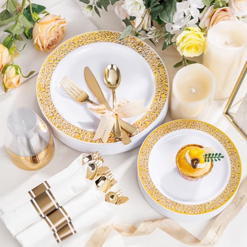 WELLIFE 50 Guests Dinnerware Sets, Gold Plastic Plates，Platos Para Fiestas Elegantes Desechables Include:50 Dinner Plates, 50 Dessert Plate, 150 Pcs Gold Plastic Silverware, 50 Cups for Party - My Kitchen Products